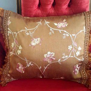 Throw Pillow with insert – Dark Gold w\ Dark Gold Beaded Ruffle Fringe 16″x14″